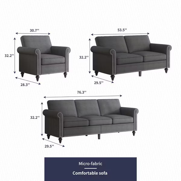 Mjkone 3 Piece Linen Living Room Sofa Set,Modern 3-Seater Sofa Couch&Loveseat Sofa&Single Sofa Armchair Set-Dark Grey