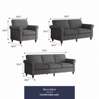 Mjkone 3 Piece Linen Living Room Sofa Set,Modern 3-Seater Sofa Couch&Loveseat Sofa&Single Sofa Armchair Set-Dark Grey