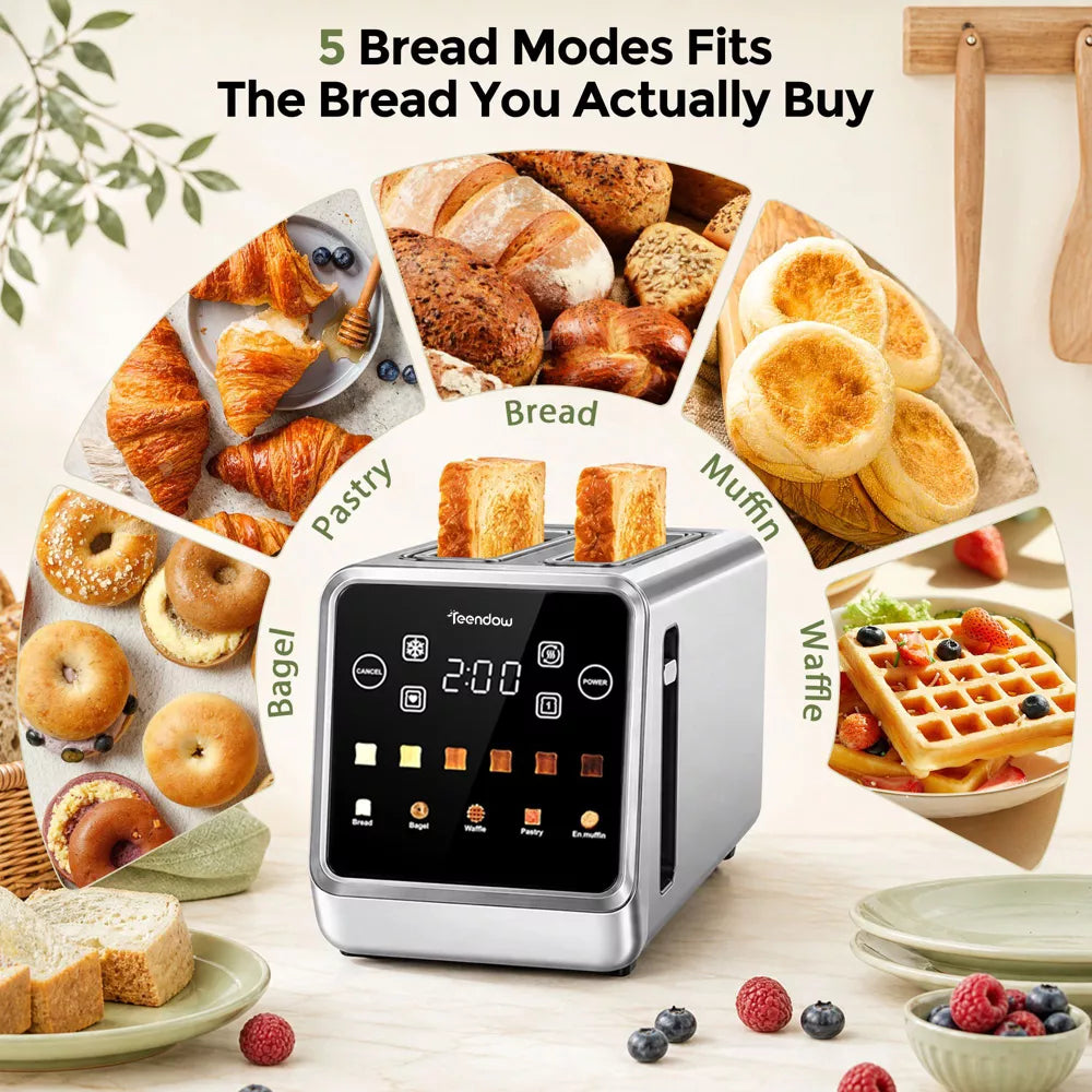 Teendow Touchscreen Toaster 4 Slice 1400W, Stainless Steel Smart Bread Toaster with 1.5" Wide, 5 Bread Modes, 6 Shade Settings