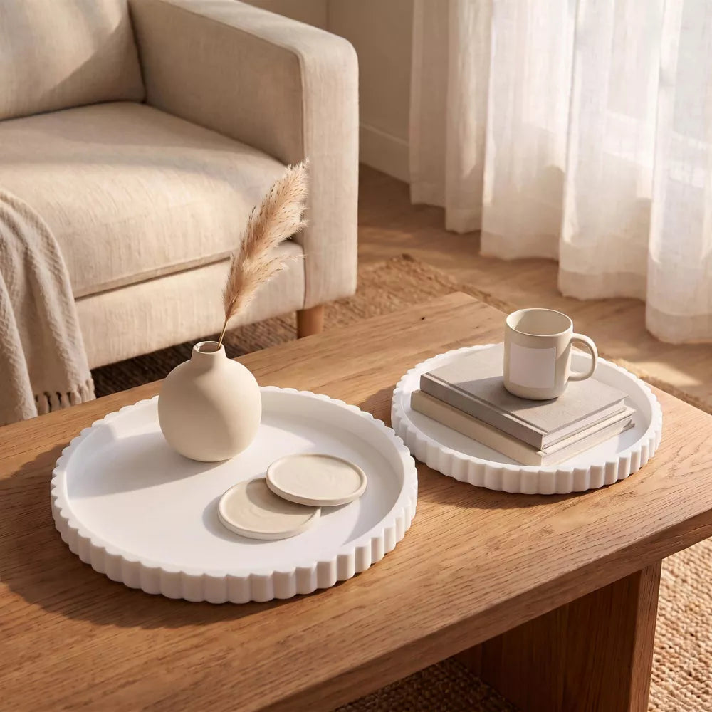 2Pc Round Silicone Vanity Tray Set Decorative Catchall Organizer for Bathroom Countertop Perfume White