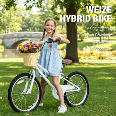 Hykolity Kids Bike 20 Inch for 6-12 Years Old Girls Bicycle with Basket and Kickstand, Tween Retro Style Childrens Bike for Teen Girls white