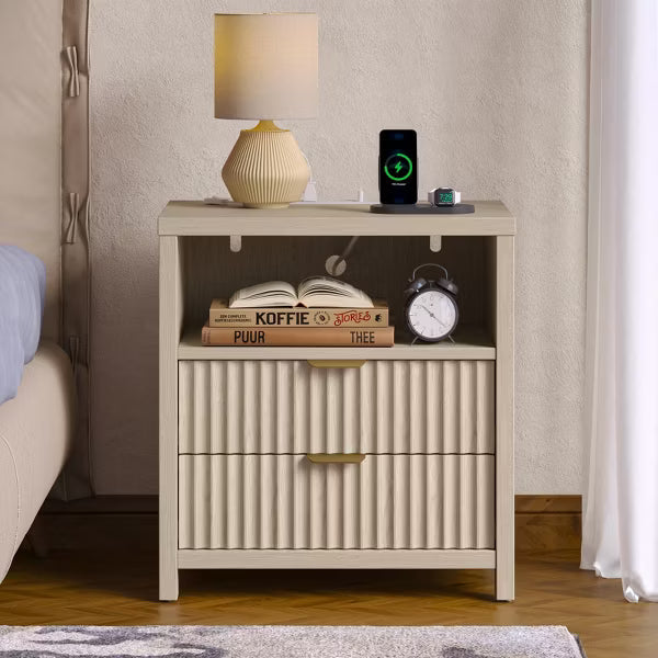 Qwatto Modern Fluted Bedside Table with Charging Station 19.7 Inch Nightstand 2 Wood Slide Drawers Open Shelf Metal Handle Wood Legs Bedroom End Table