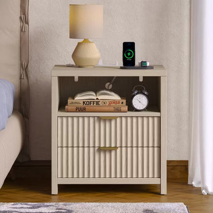 Qwatto Modern Fluted Bedside Table with Charging Station 19.7 Inch Nightstand 2 Wood Slide Drawers Open Shelf Metal Handle Wood Legs Bedroom End Table
