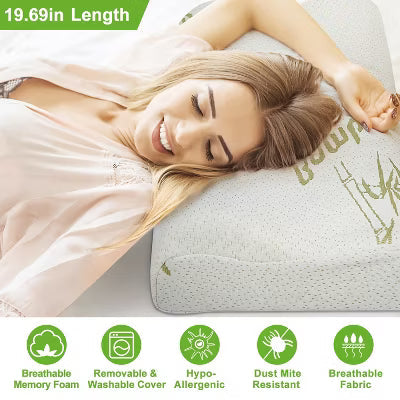 Contoured Memory Foam Pillow with Soft Bamboo-Fabric Cover, Breathable Surface and Ergonomic Neck Support for Restful Nights - White