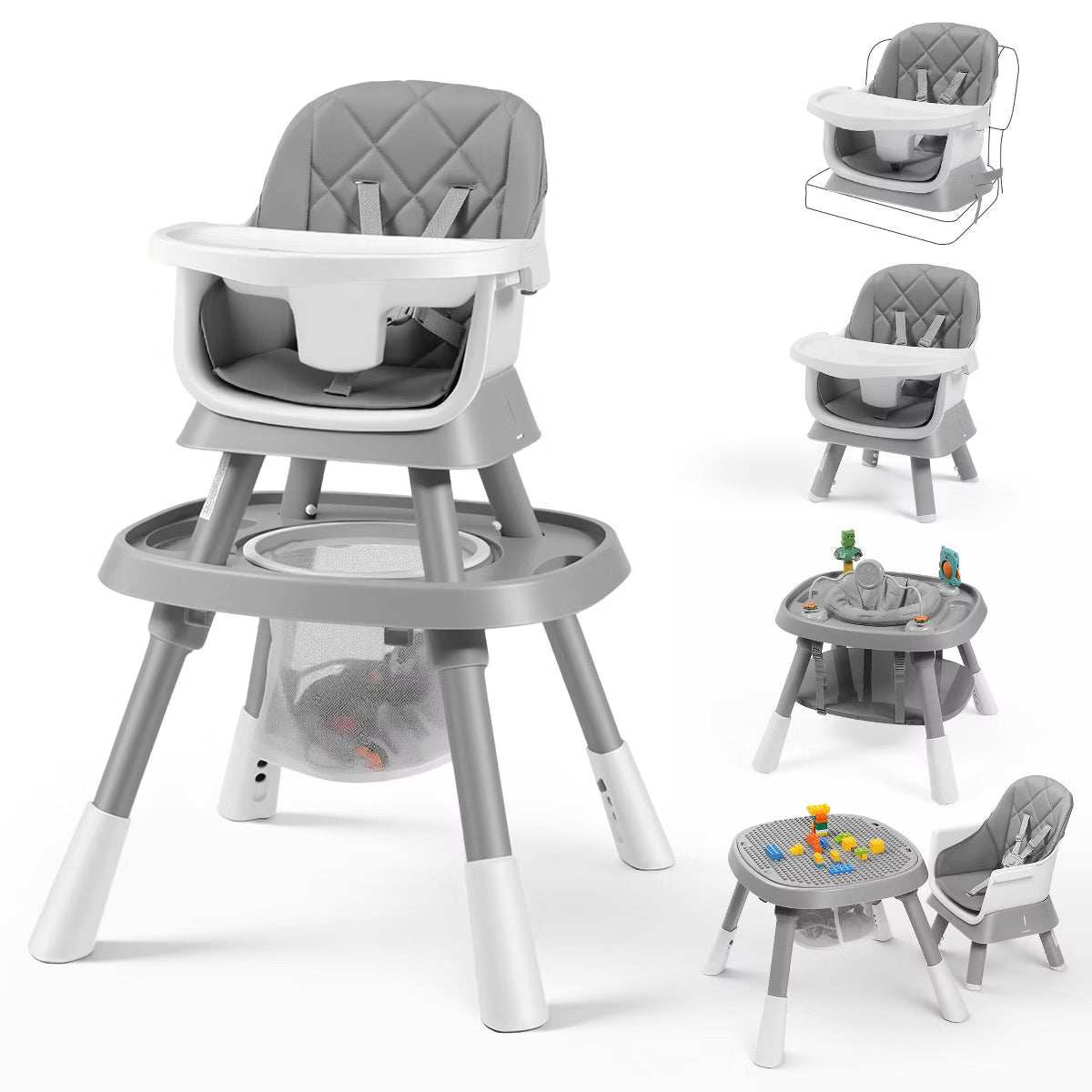 TODECARE 15-in-1 Convertiable High Chair for Babies and Toddlers, Highchair & Activity Center, Booster Seat w/5-Point Harness & Removable Tray, Gray