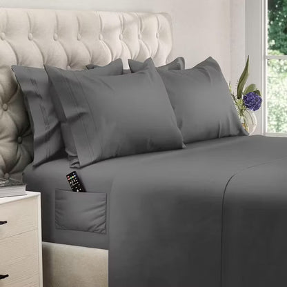 Hoey Queen Size 4-Piece Microfiber Sheet Set – Deep Pocket Bed Sheets with Embroidered Pillowcases (Gray)