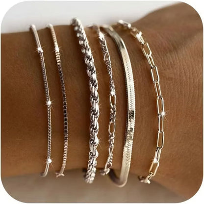 BRINJOY Exquisite 925 Silver-Plated Women's Bracelet Set Paperclip Box Herringbone Figaro Cord Chain Bracelet Fashion Set