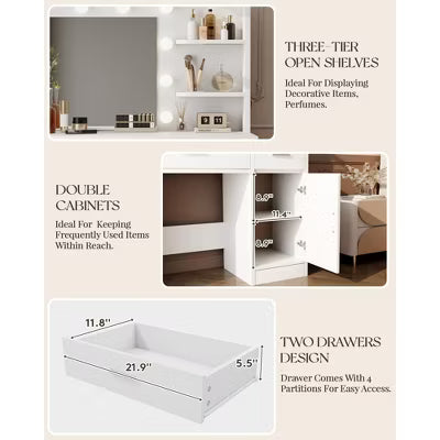 HYLEORY Vanity Desk with Mirror, Power Outlet and 10 Lights, Makeup Table with 3 Drawers,3 Color Modes Available for Bedroom
