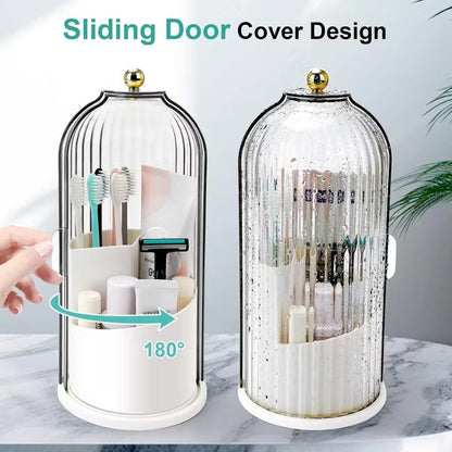 360 Rotating Clear Dustproof Waterproof 3 Slots Bathroom Countertop Organizer Covered Toothbrush Holder (White)