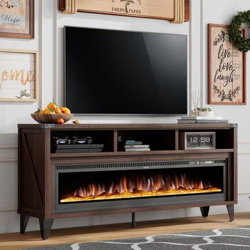 Amerlife 65" TV Stand with 60" Glass Electric Fireplace