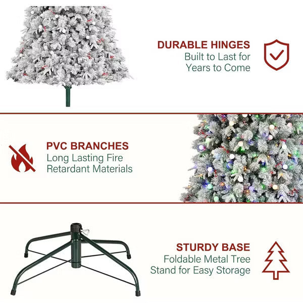 VIVATREES 6ft 7ft Pre-lit Artificial Christmas Tree 1160 Hinged Branch Tips with LED White Warm Lights Foldable Metal Base 6FT