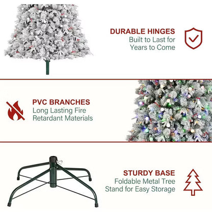 VIVATREES 6ft 7ft Pre-lit Artificial Christmas Tree 1160 Hinged Branch Tips with LED White Warm Lights Foldable Metal Base 6FT