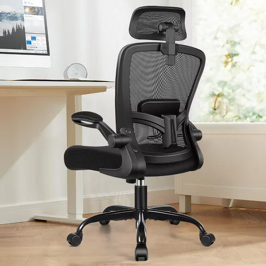 KERDOM Headrest Desk Chair with Adjustable Lumbar Support, Home Office Swivel Task Chair with High Back and Armrest,Black