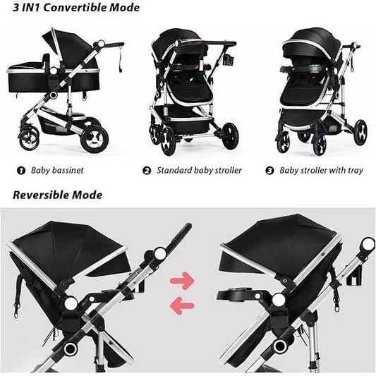 Kinder King Meno V 3 in 1 Reversible Baby Stroller w/Detachable Tray, Adjustable Canopy, Suspension Wheels