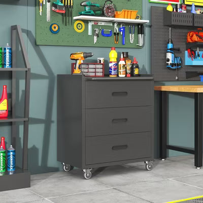 VIYET 35"H 3-Drawer Heavy-Duty Steel Storage Cabinet, Lockable Wheels,200LBS Capacity, Garage/Office/Home, Black