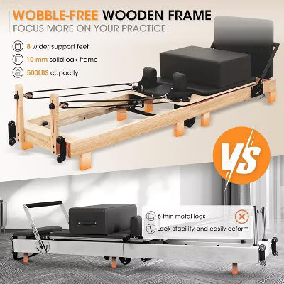 ER KANG 92" Wooden Pilates Reformer Machine with Springs for Home & Studio, Complete Set with Sitting Box, Jump Board & Accessories