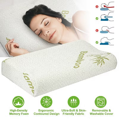 Contoured Memory Foam Pillow with Soft Bamboo-Fabric Cover, Breathable Surface and Ergonomic Neck Support for Restful Nights - White