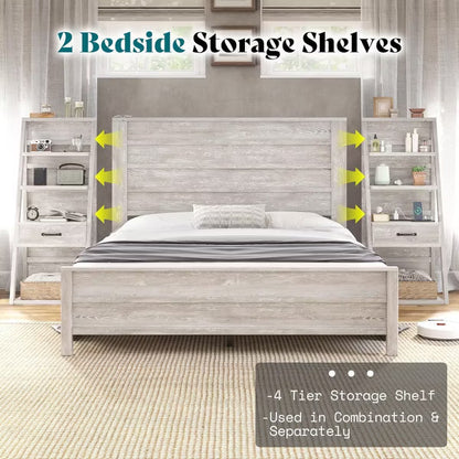 AMERLIFE Bed with Wide Headboard, 4-Tier Bookshelves, Charging Station & 2 Drawers