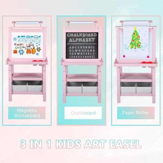 Kinder King 3 in 1 Kids Art Easel w/Storage Double-Sided Magnetic Whiteboard & Chalkboard Dry-Erase Board w/Paper Roller