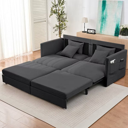Mjkone 77.95'' lce Velvet 3-in-1 Convertible Loveseat Sleeper Sofa Bed with Side Pockets,Pull Out into Chaise Lounge/Sleeper Bed，Grey