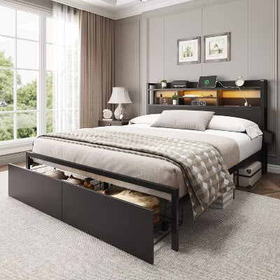 Qwatto Full Size Platform Bed Frame With Storage Drawers Charging Station LED Lights Black Metal Wood Headboard Shelf No Box Spring Needed Home
