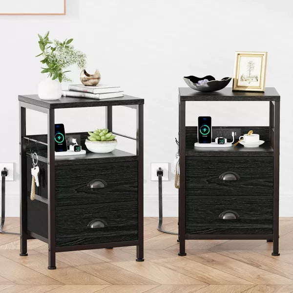 Qwatto Set of 2 Nightstands with Charging Station and USB Ports Modern Bedside Side Tables with 2 Fabric Drawers and Storage Shelves Bedroom Black