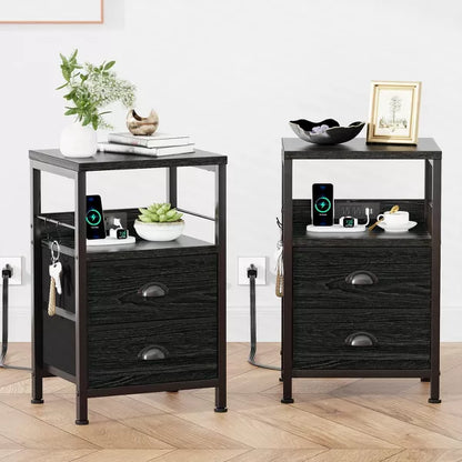Qwatto Set of 2 Nightstands with Charging Station and USB Ports Modern Bedside Side Tables with 2 Fabric Drawers and Storage Shelves Bedroom Black