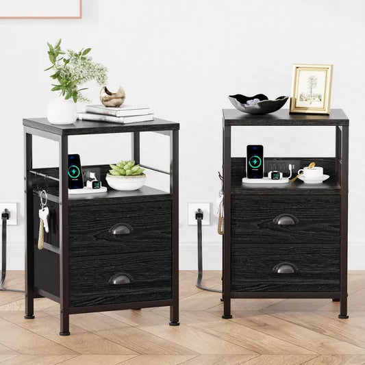 Qwatto Set of 2 Nightstands with Charging Station and USB Ports Modern Bedside Side Tables with 2 Fabric Drawers and Storage Shelves Bedroom Black