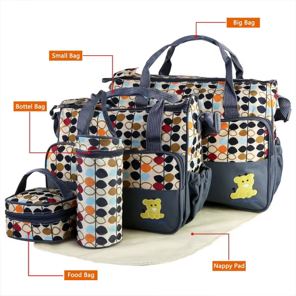 5PCS Baby Nappy Diaper Bags Set Mummy Diaper Shoulder Bags w/ Nappy Changing Pad Insulated Pockets Travel Tote Bags For Mom Dad