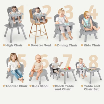 Kinder King 8 in 1 Baby High Chair, Coverts to Dining Booster Seat, Removable Tray & Double Seat Cover, Easy to Wipe