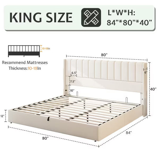 AMERLIFE Lift Up Storage Bed Frame with Vertical Channel Tufted Headboard and Wingback