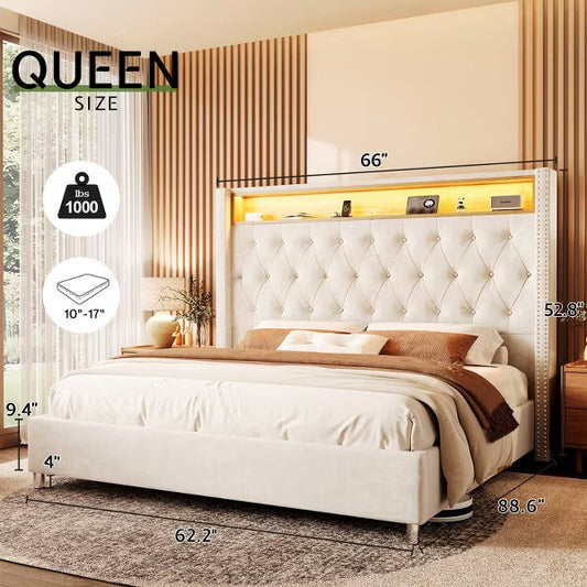 LED Bed Frame,Charging Station and Storage Upholstered Headboard,Velvet.