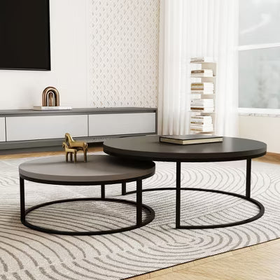 Gaoyangjiaju 31.5/23.7 In, Modern Round Coffee Table Set, Nesting Cocktail Tables with Black Metal Legs