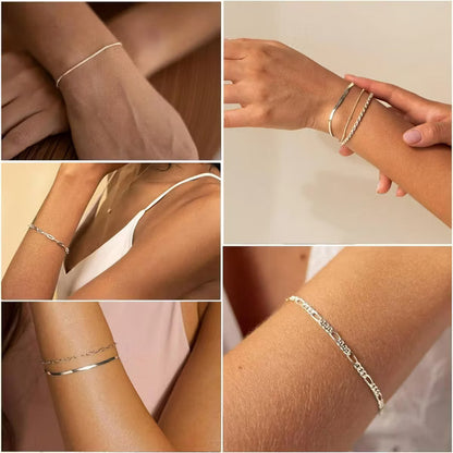 BRINJOY Exquisite 925 Silver-Plated Women's Bracelet Set Paperclip Box Herringbone Figaro Cord Chain Bracelet Fashion Set