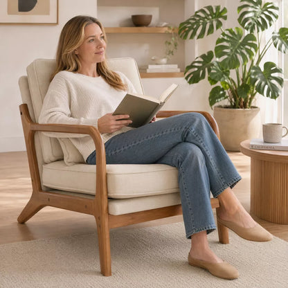 Accent Chair Mid-Century Modern Chair with Pillow Upholstered Lounge Arm Chair for Dorm Room, Bedroom, Balcony,Linen Off-White