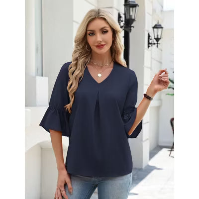 Zeagoo Women's 3/4 Bell Sleeve Blouse V Neck Front Pleated Flare Loose Casual Top-Dark Blue-S