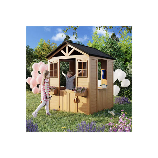 45"W x42"D Outdoor Wooden Playhouse For Kids, Outdoor Garden Pretend Play Games, Adventure Cottage, With Working Door, Windows, Service Station