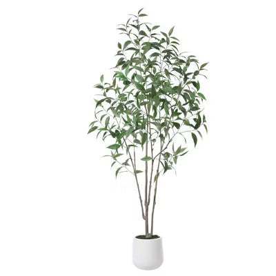 DR.Planzen 7FT Faux Eucalyptus Tree with Round White Planter, Pre Potted fake Eucalyptus Trees for Home Decor