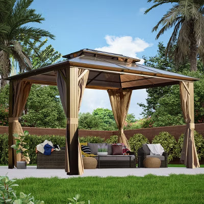 EROMMY 13 Ft. W x 10 Ft. D Outdoor Gazebo, Aluminum Frame Pergola with Double Roof Canopy, Permanent Pavilion with Netting and Curtains for Lawn