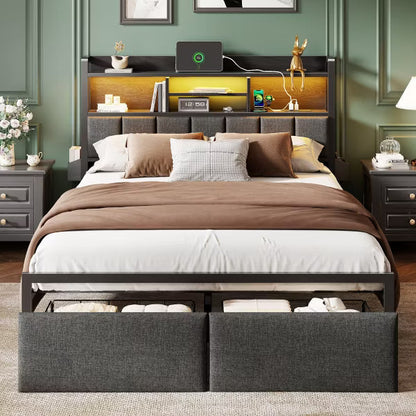 Qwatto Queen Bed Frame With Charging Station LED Lights Upholstered Storage Headboard Shelf Under Bed Drawers Metal Platform No Box Spring Needed