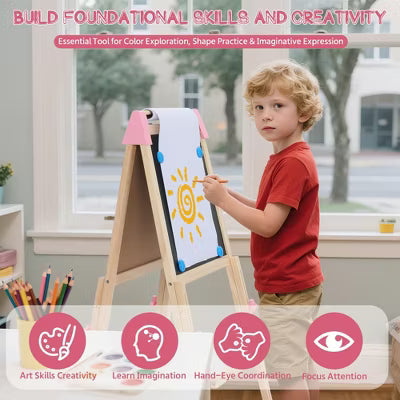 TODECARE Kids 3-in-1 Adjustable Kids Art Easel with Magnetic Whiteboard, Chalkboard, Paper Roll and Storage, Pink