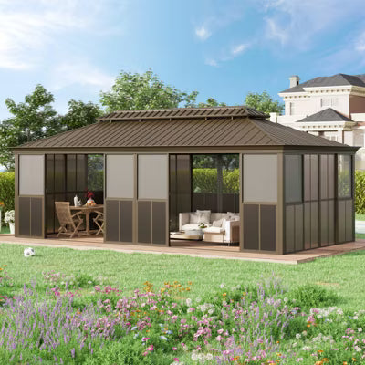 EROMMY 12' 28' Sunroom Patio Hardtop Gazebo, Double Top Galvanized Steel Roof Aluminum Solarium