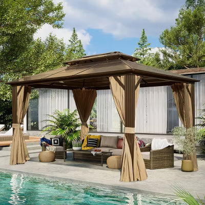 EROMMY 13 Ft. W x 10 Ft. D Outdoor Gazebo, Aluminum Frame Pergola with Double Roof Canopy, Permanent Pavilion with Netting and Curtains for Lawn