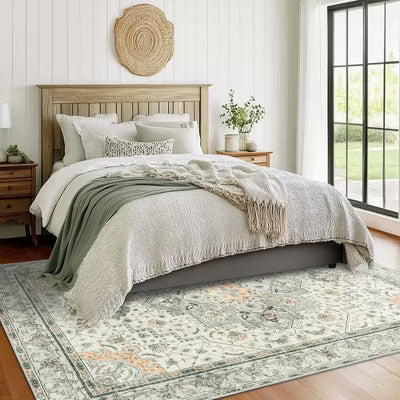 LOVEVOOK Green Vintage Floral Area Rugs for Living Room Bedroom, Washable Boho Rug for Indoor Non Slip Carpet for Dining Room Home Decor 5x7 Feet