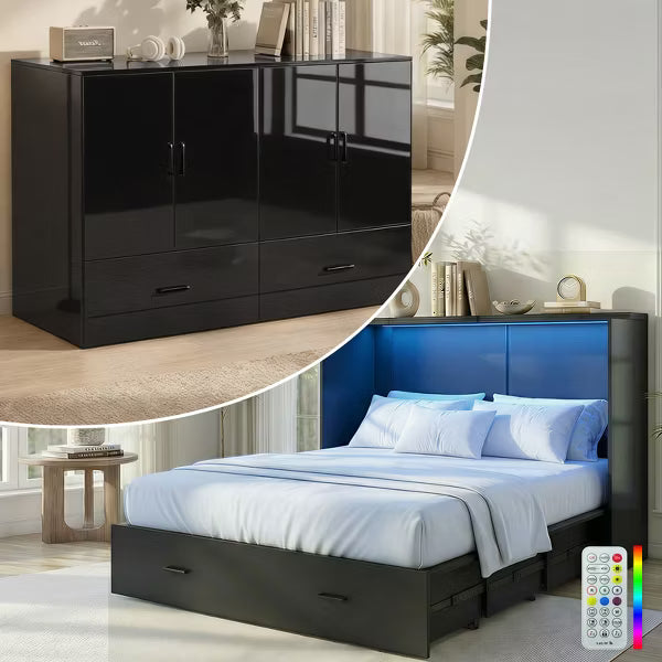 Mjkone queen murphy bed cabinet with RGB LED Lights & Storage Drawers, High Gloss MDF, Exclude Mattress
