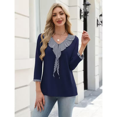 Zeagoo Women's Striped Ruffle V Neck 3/4 Sleeve Color Block Casual Blouse Top-Dark Blue-L