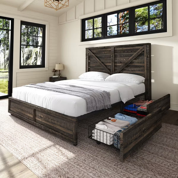 48.8" H Bed Frame with 4 Storage Drawers, Barn Door Headboard, Rustic Wood Grain, No Box Spring Needed