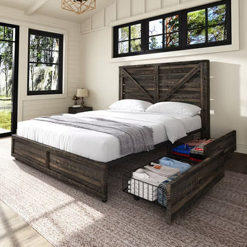 48.8" H Bed Frame with 4 Storage Drawers, Barn Door Headboard, Rustic Wood Grain, No Box Spring Needed