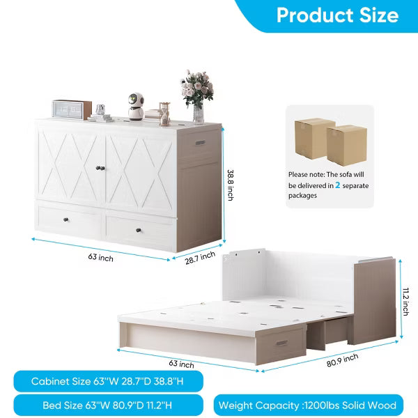 Mjkone Queen Murphy Bed with Charging Station & Storage Drawer,Space-Saving Design,No Mattress,White
