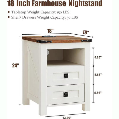 Farmhouse Nightstand wtih Charging Station, 18" End Table Side Table with 2 Drawers for Bedroom, Living Room